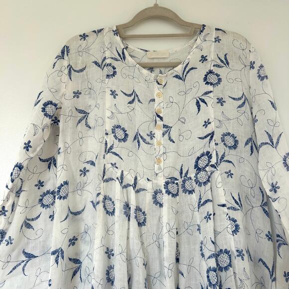 CP Shades Blue Floral Print Linen Dress Size Small Long Sleeve Peasant Tunic EUC - Picture 3 of 16